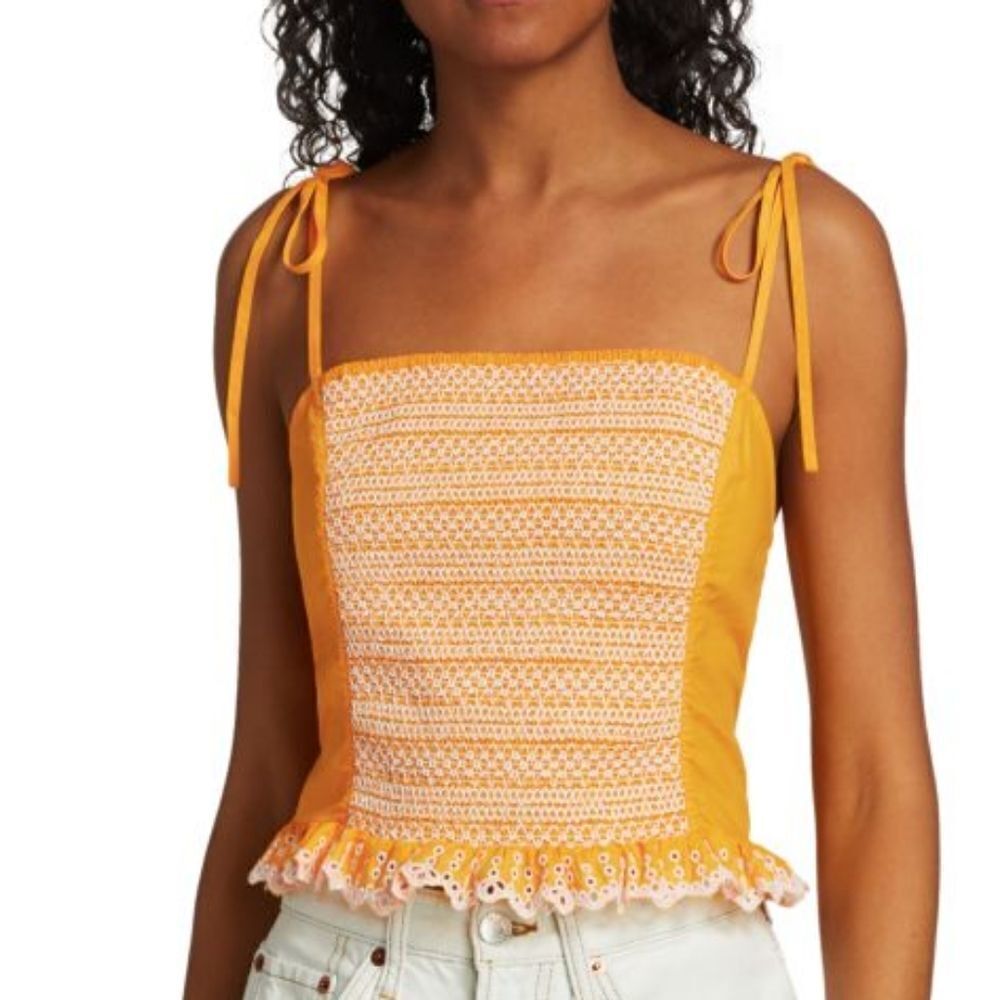 TANYA TAYLOR Randy Smocked Eyelet Top marigold orange yellow NWT